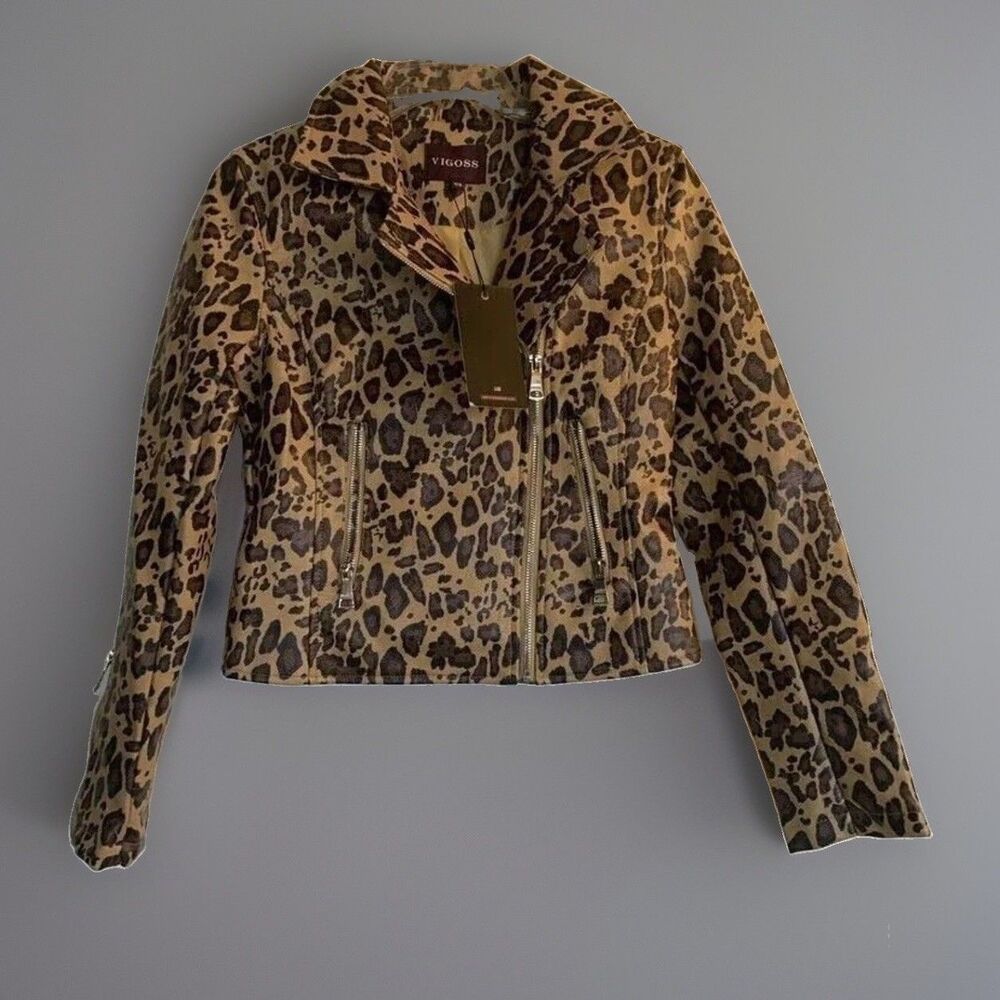 Vigoss Cheetah Print Faux Leather Moto Mob Wife Jacket Women’s Size X-Small NWT